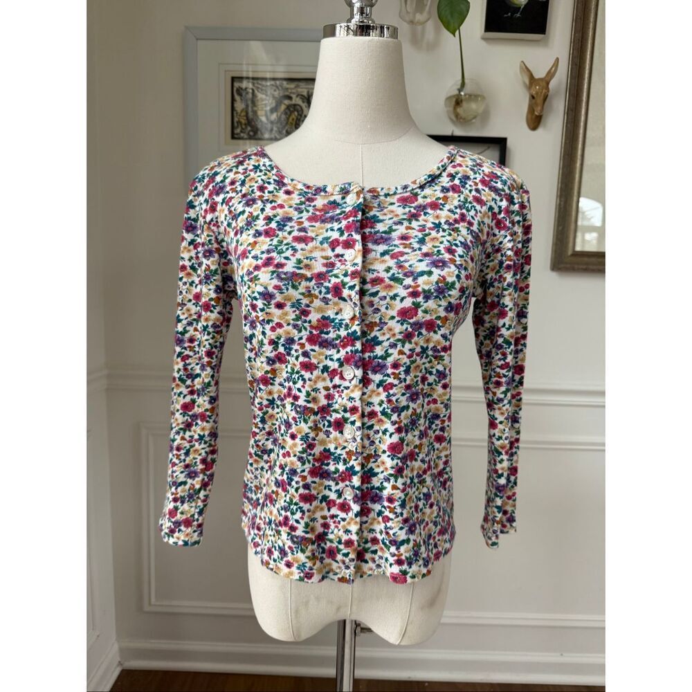 Vintage 90s Y2K Moda Intl Muliti Color Floral Baby Crop Button Front Cardigan To